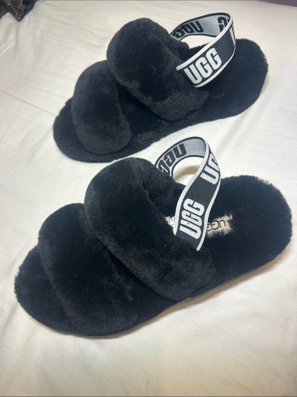 UGG Black Fluff Logo-Back Slide Sandals - Picture 3 of 5